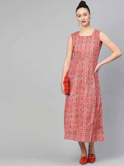 Women's Red & Pink Geometric Printed Maxi Dress