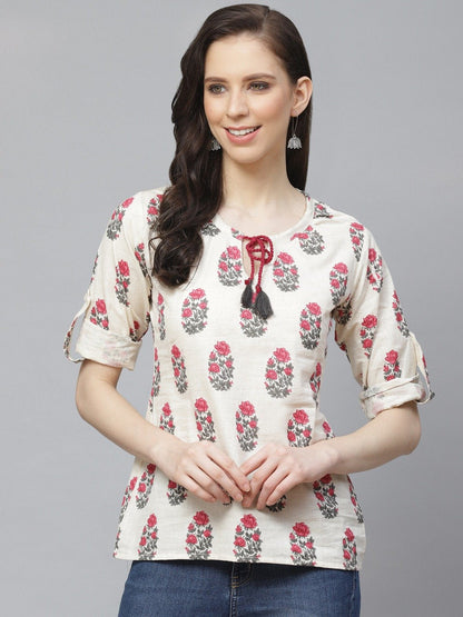 Women's Off White & Pink A-Line Floral Printed Tie-Up Neck Top