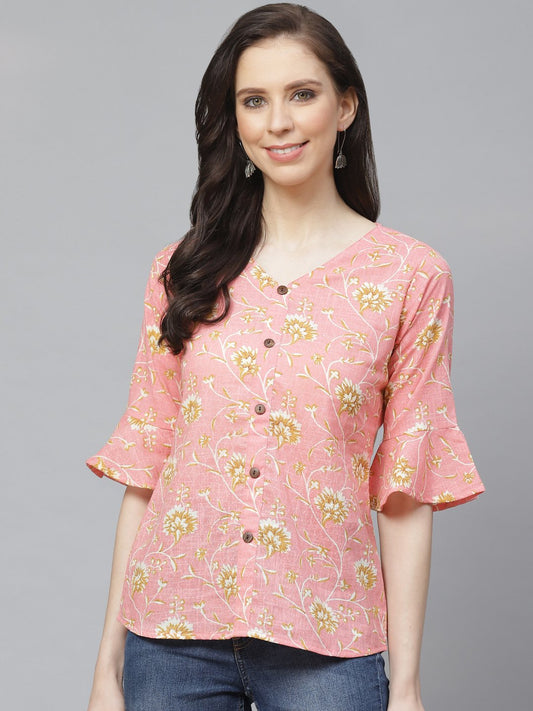 Women's Pink & Mustard Regular Floral Printed V-Neck Top