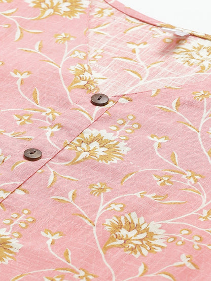 Women's Pink & Mustard Regular Floral Printed V-Neck Top