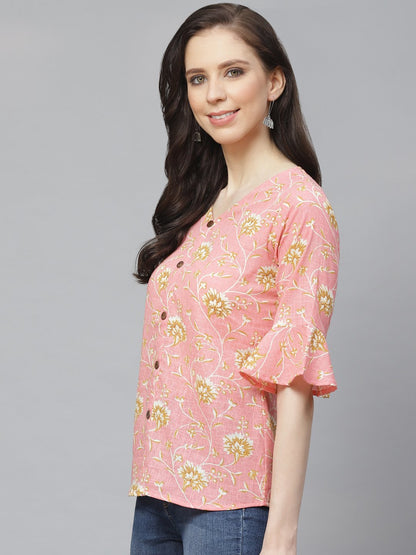 Women's Pink & Mustard Regular Floral Printed V-Neck Top