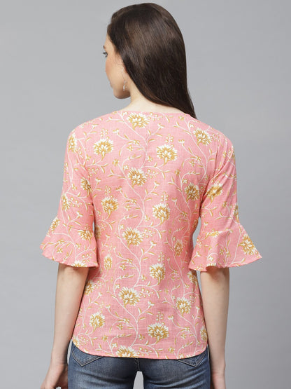 Women's Pink & Mustard Regular Floral Printed V-Neck Top