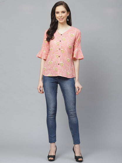 Women's Pink & Mustard Regular Floral Printed V-Neck Top