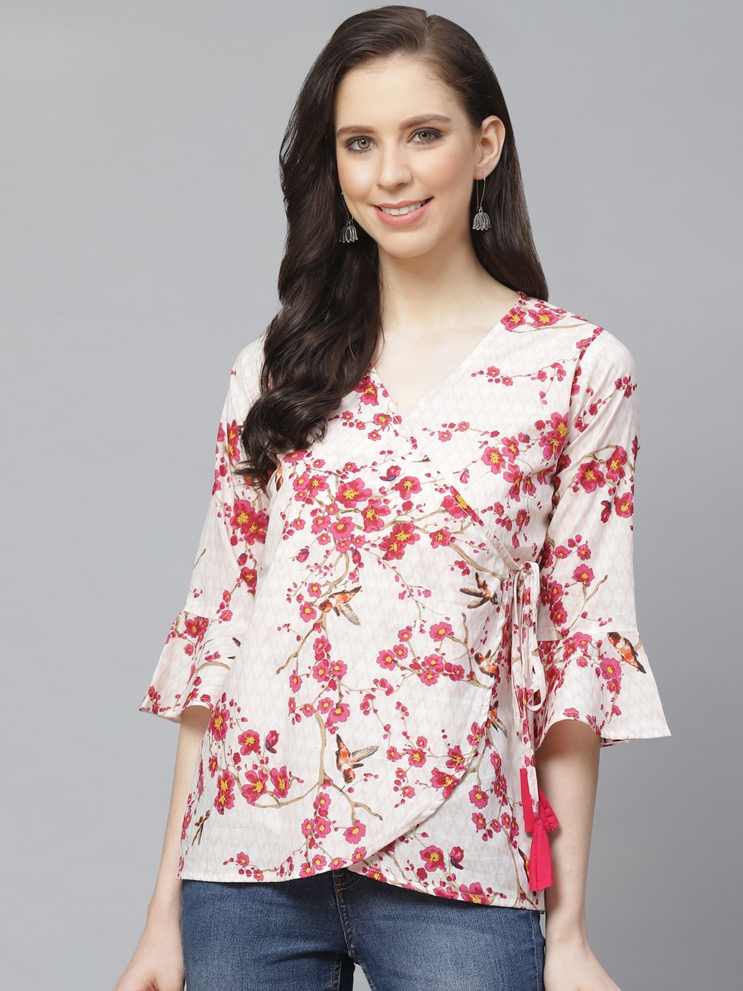 Women's Off White & Pink Wrap Floral Printed V-Neck Top