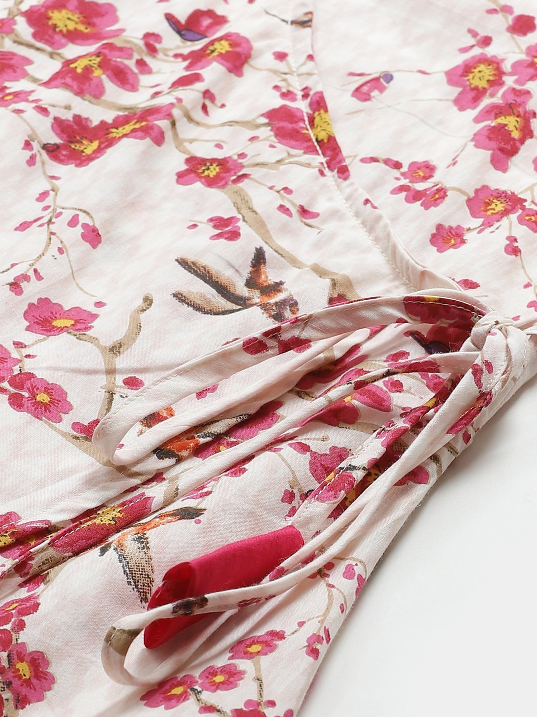 Women's Off White & Pink Wrap Floral Printed V-Neck Top