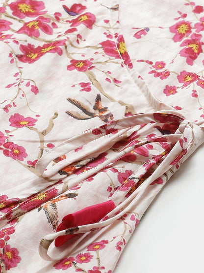 Women's Off White & Pink Wrap Floral Printed V-Neck Top