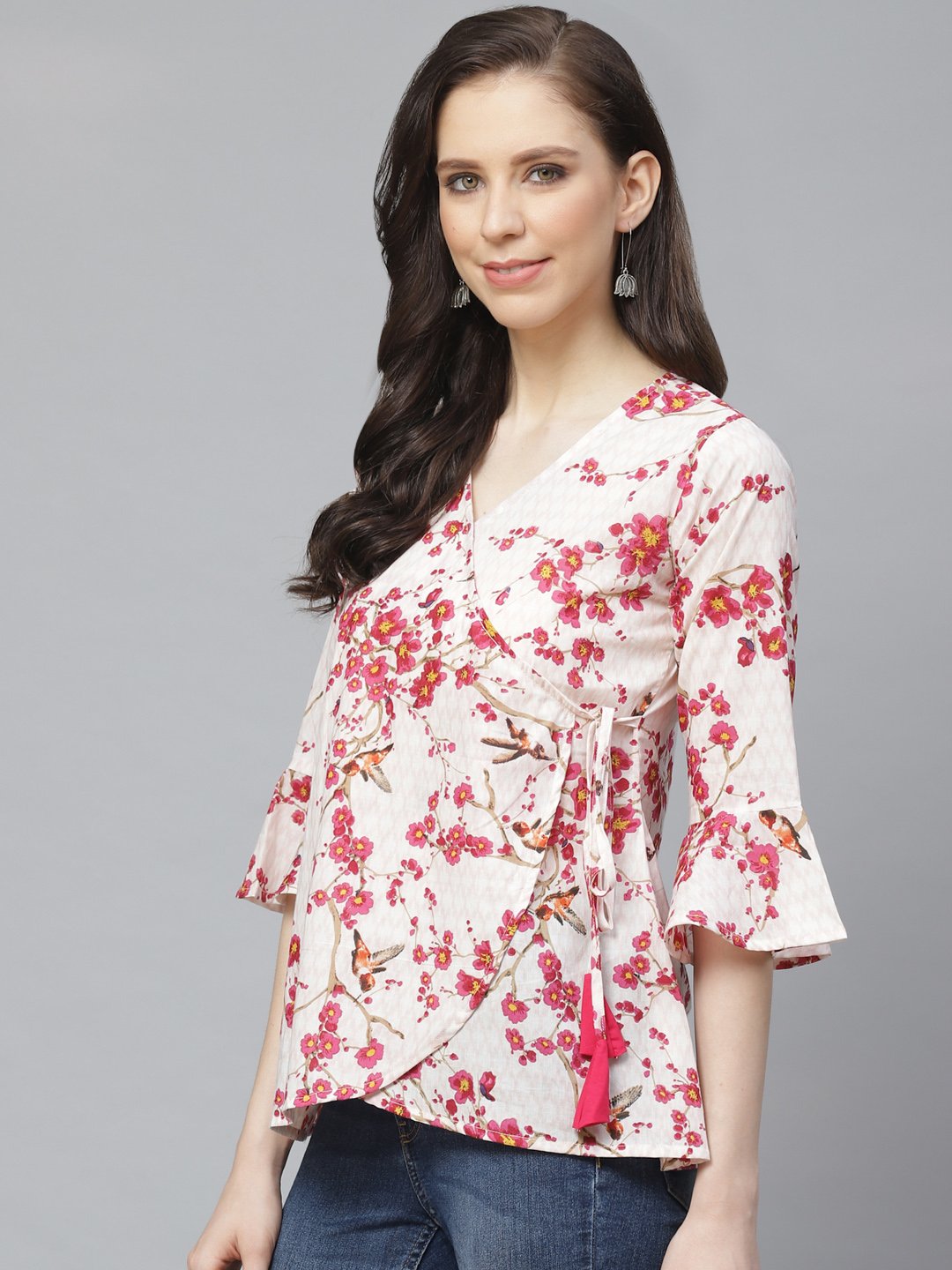 Women's Off White & Pink Wrap Floral Printed V-Neck Top