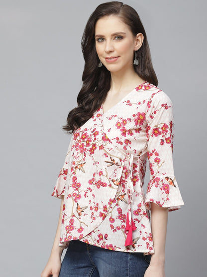 Women's Off White & Pink Wrap Floral Printed V-Neck Top