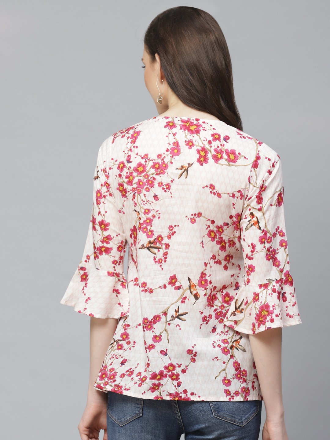 Women's Off White & Pink Wrap Floral Printed V-Neck Top