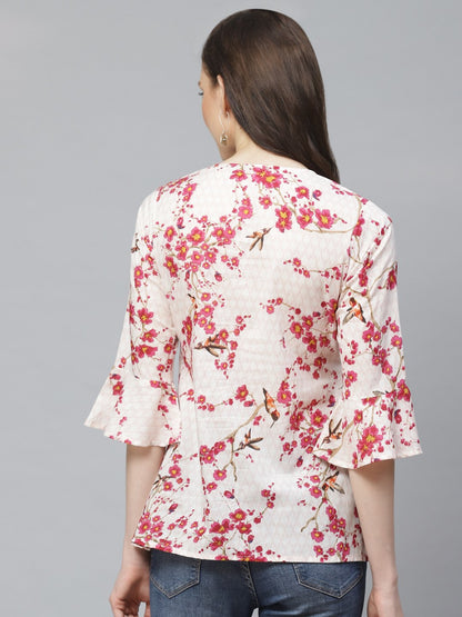 Women's Off White & Pink Wrap Floral Printed V-Neck Top