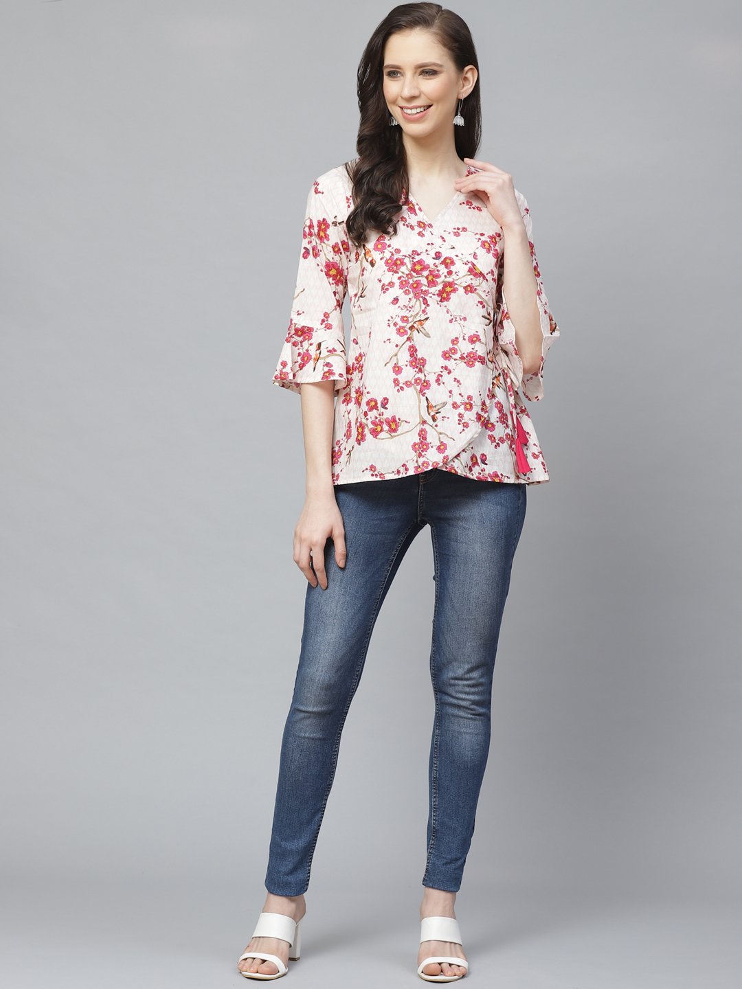 Women's Off White & Pink Wrap Floral Printed V-Neck Top