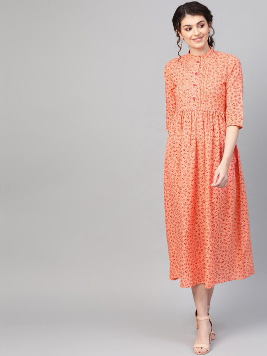 Women's Peach &  Floral Printed Maxi Dress