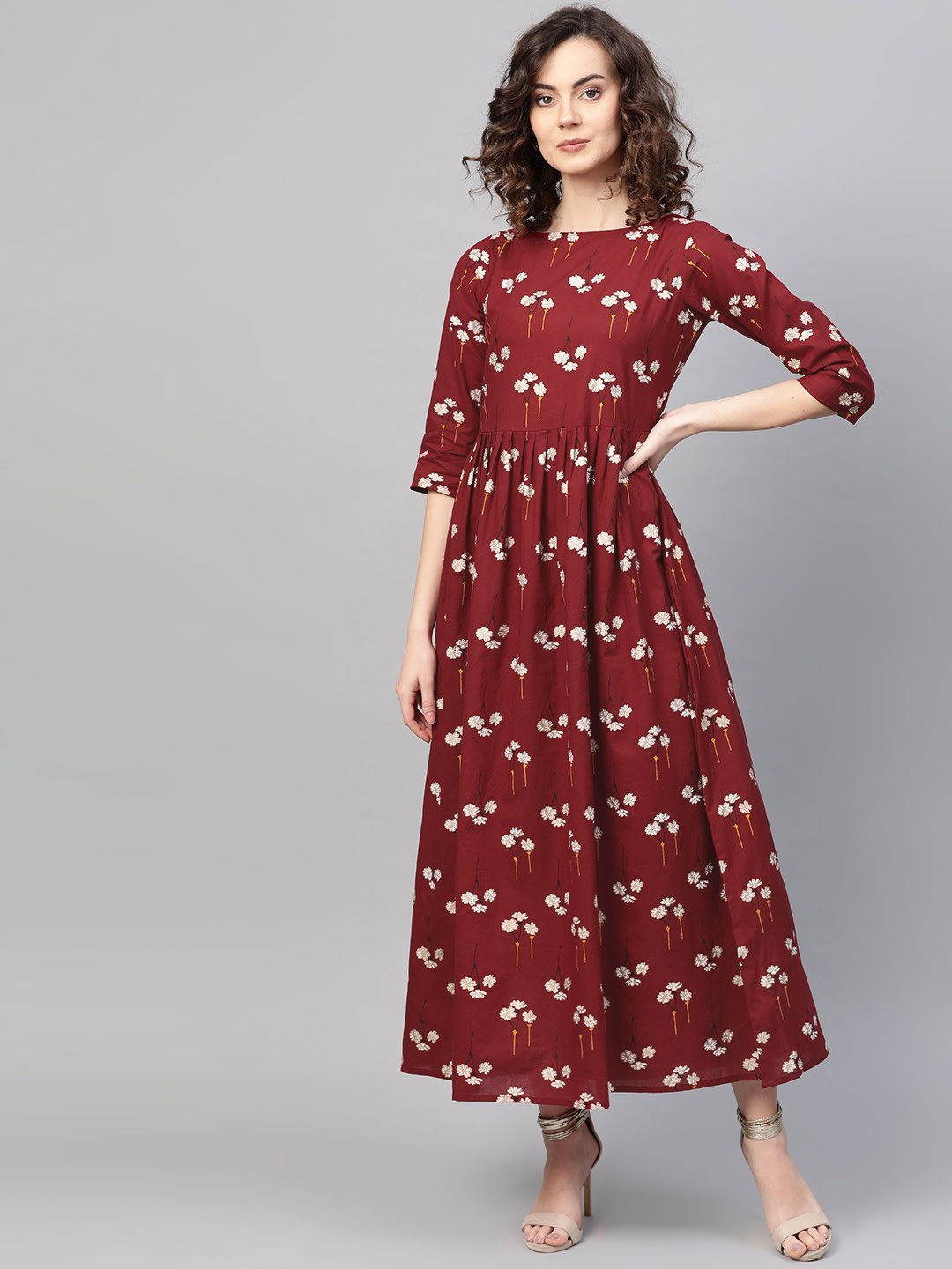 Women's Maroon & White Floral Printed Maxi Dress