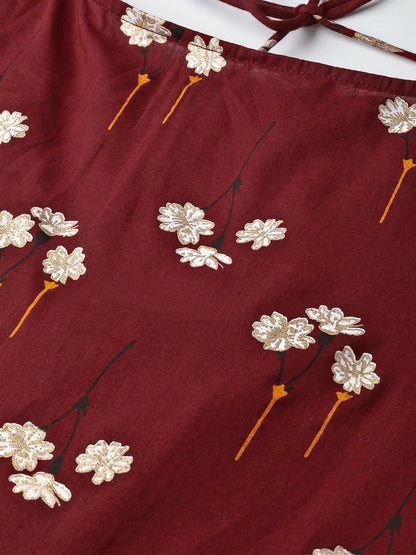 Women's Maroon & White Floral Printed Maxi Dress