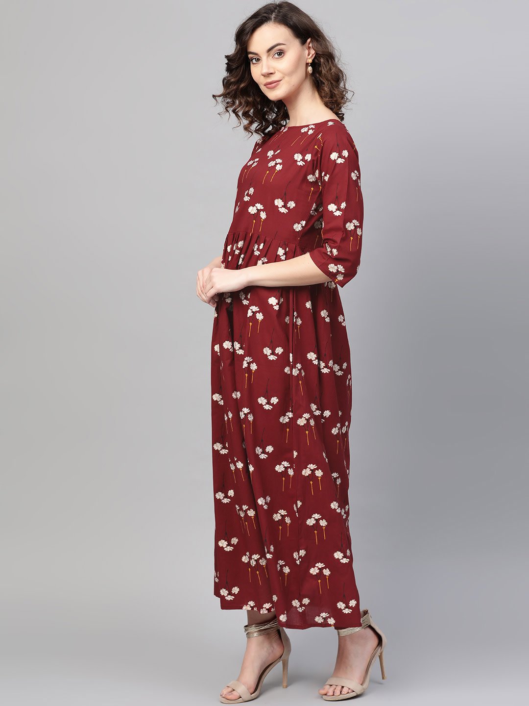 Women's Maroon & White Floral Printed Maxi Dress