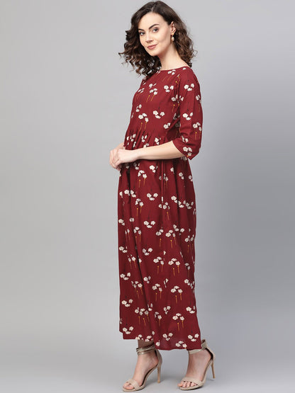 Women's Maroon & White Floral Printed Maxi Dress