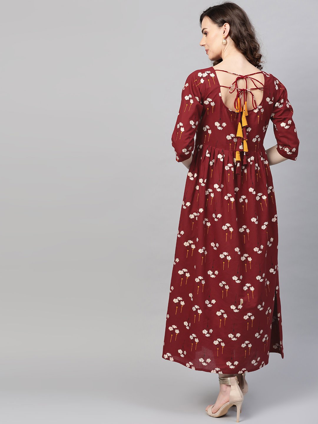 Women's Maroon & White Floral Printed Maxi Dress