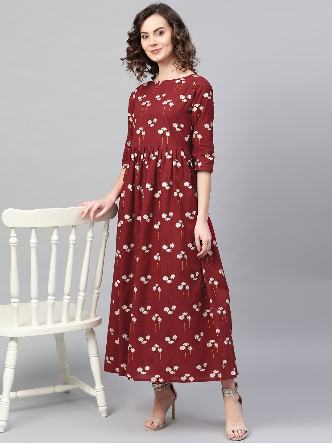 Women's Maroon & White Floral Printed Maxi Dress