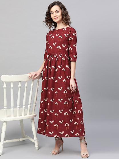 Women's Maroon & White Floral Printed Maxi Dress
