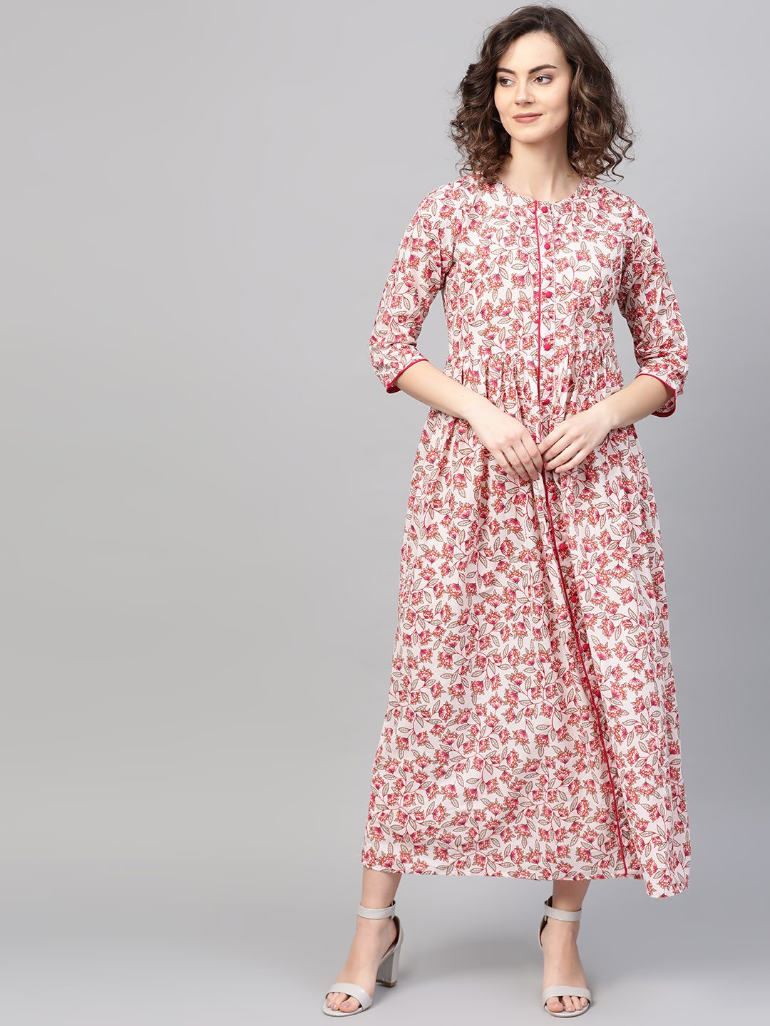 Women's White & Pink Floral Printed Maxi Dress