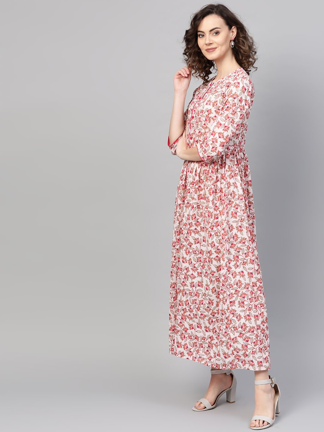 Women's White & Pink Floral Printed Maxi Dress