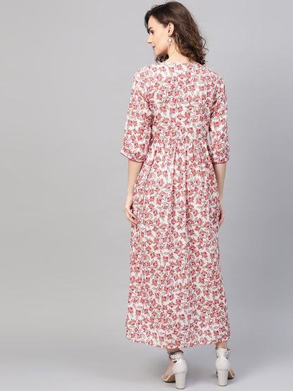 Women's White & Pink Floral Printed Maxi Dress