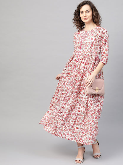 Women's White & Pink Floral Printed Maxi Dress