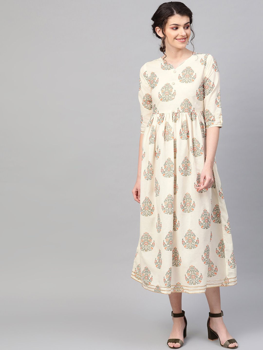 Women's Off White & Gold Ethnic Motifs Printed Maxi Dress