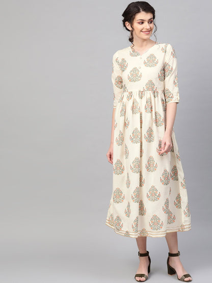 Women's Off White & Gold Ethnic Motifs Printed Maxi Dress