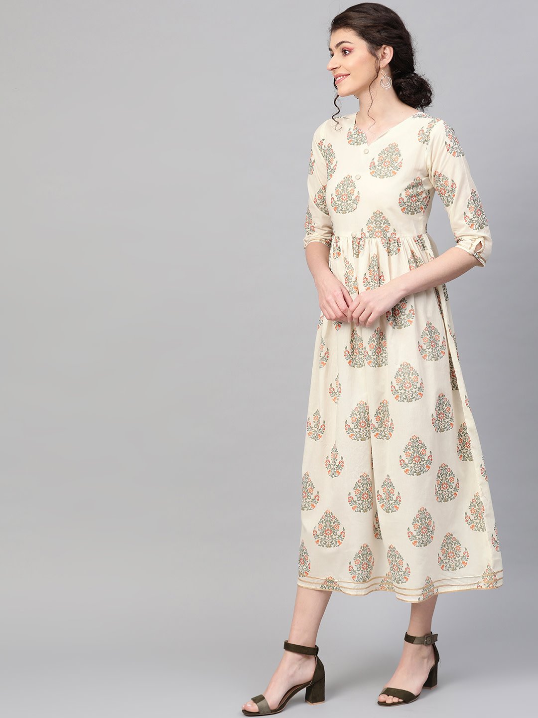 Women's Off White & Gold Ethnic Motifs Printed Maxi Dress