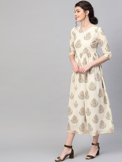 Women's Off White & Gold Ethnic Motifs Printed Maxi Dress