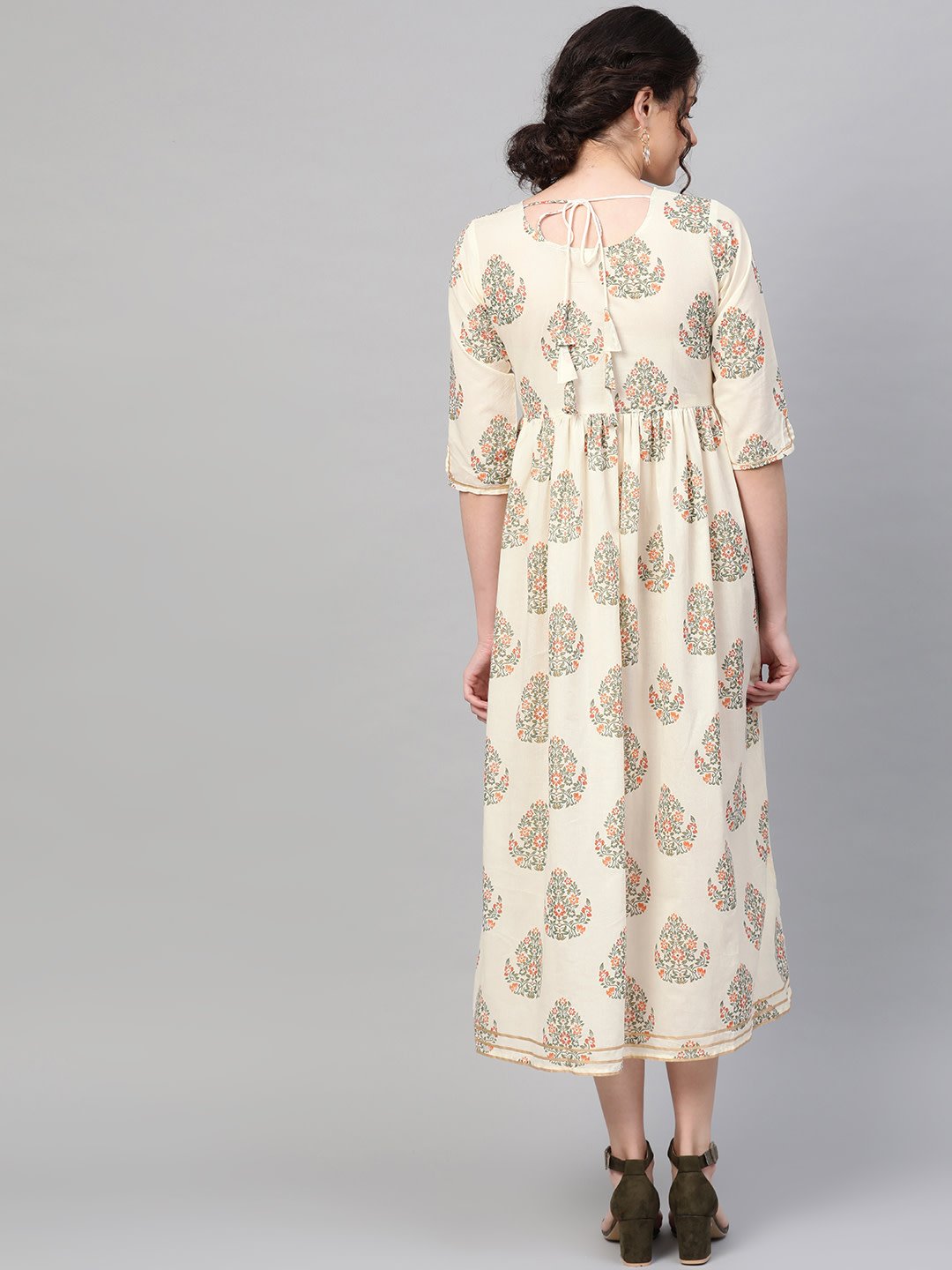 Women's Off White & Gold Ethnic Motifs Printed Maxi Dress