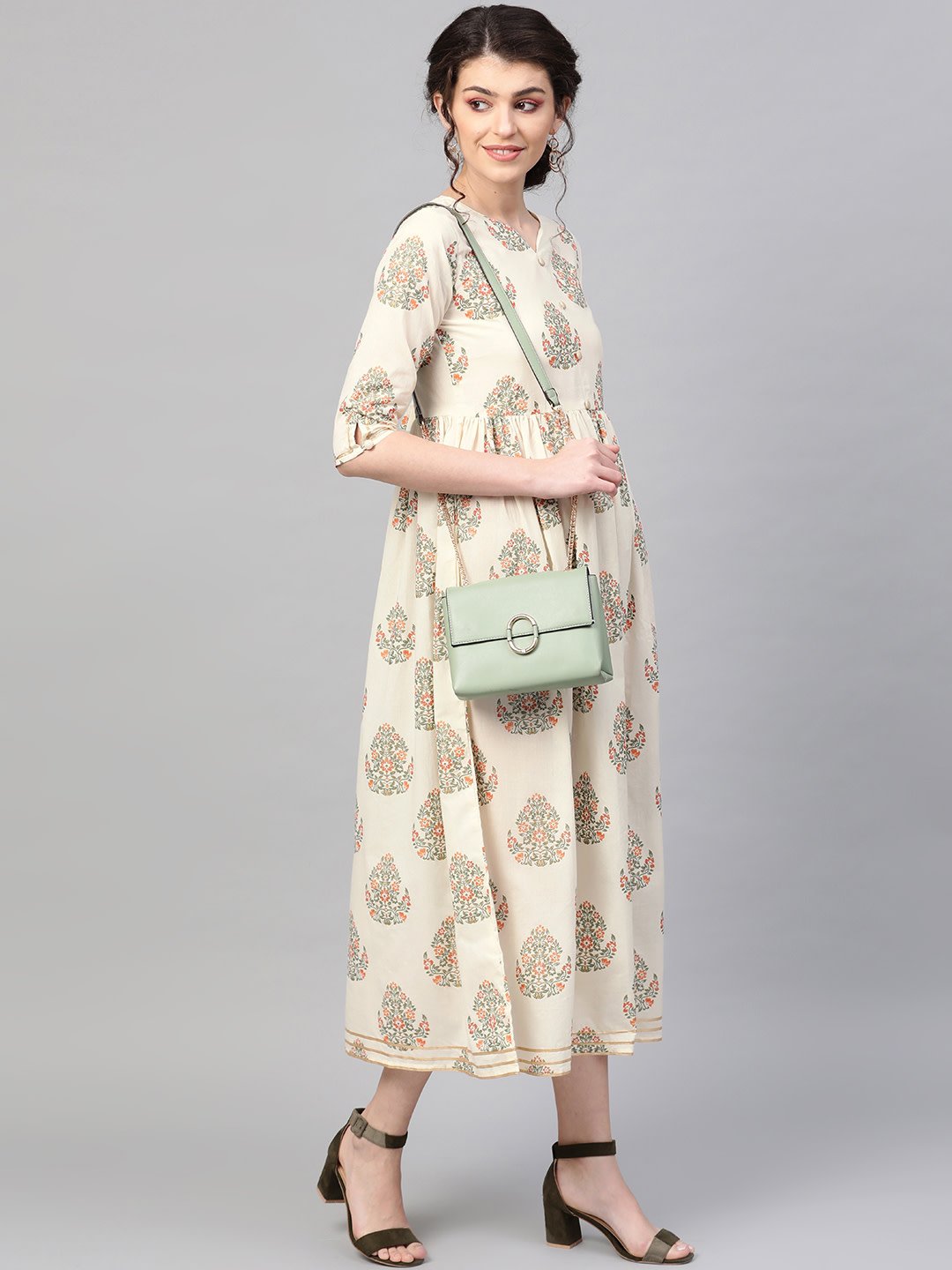 Women's Off White & Gold Ethnic Motifs Printed Maxi Dress