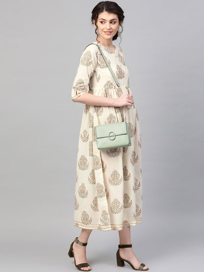 Women's Off White & Gold Ethnic Motifs Printed Maxi Dress