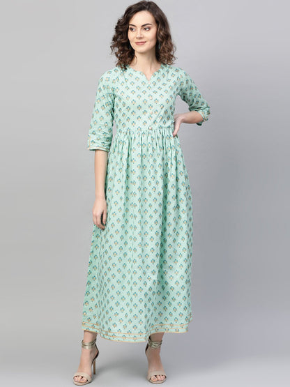 Women's Green & Blue Floral Printed Maxi Dress