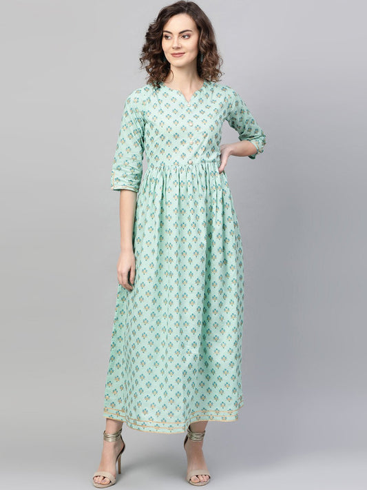 Women's Green & Blue Floral Printed Maxi Dress
