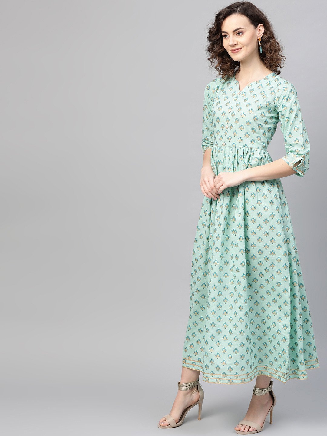 Women's Green & Blue Floral Printed Maxi Dress