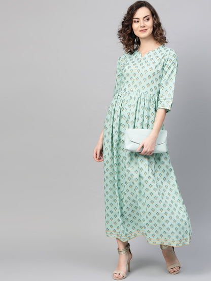 Women's Green & Blue Floral Printed Maxi Dress