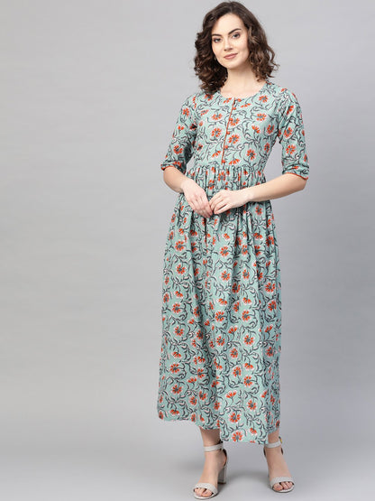 Women's Green & Orange Floral Printed Maxi Dress