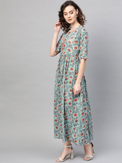 Women's Green & Orange Floral Printed Maxi Dress