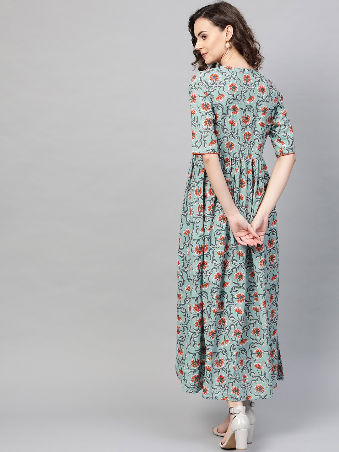 Women's Green & Orange Floral Printed Maxi Dress