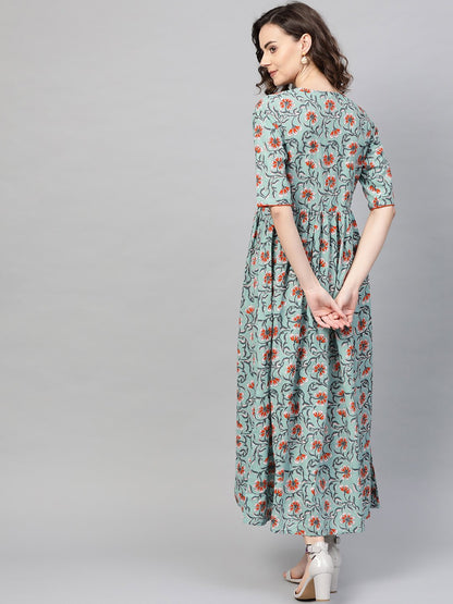 Women's Green & Orange Floral Printed Maxi Dress