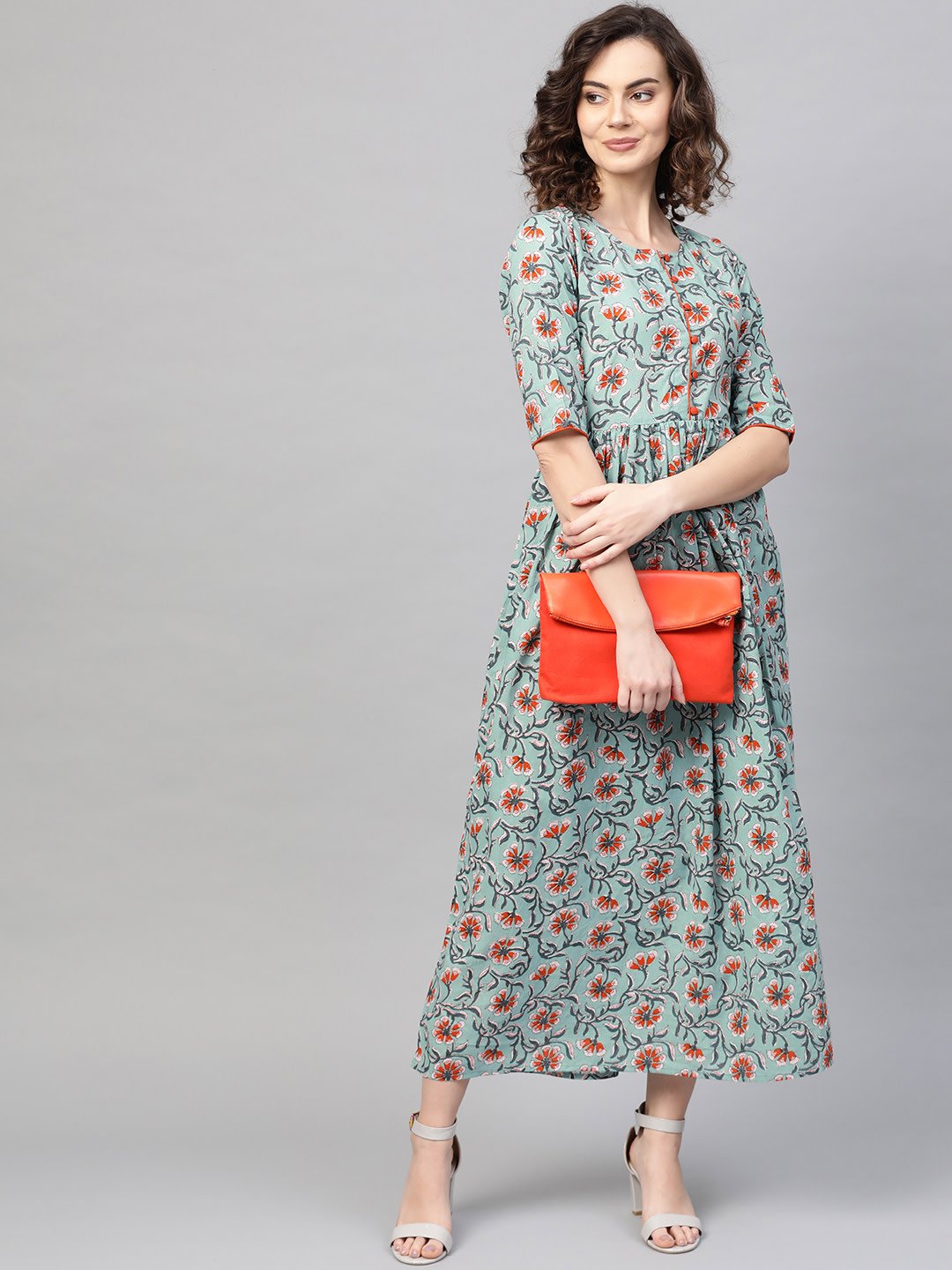 Women's Green & Orange Floral Printed Maxi Dress