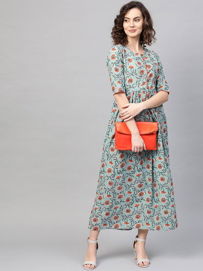 Women's Green & Orange Floral Printed Maxi Dress