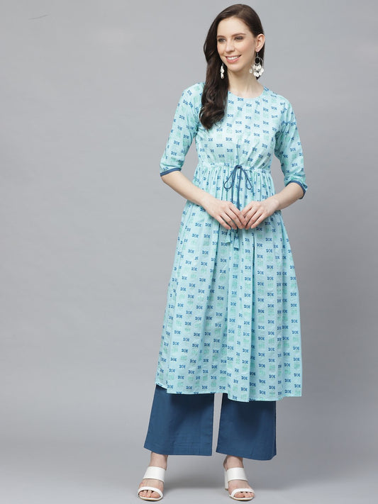 Women's A-Line Waist Tie-Up Blue Printed Kurta & Palazzo Set