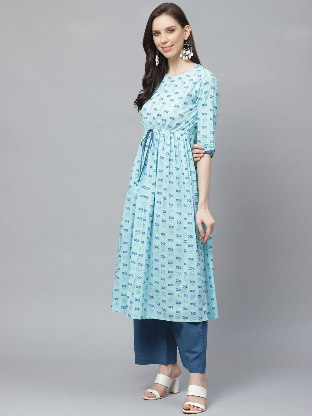 Women's A-Line Waist Tie-Up Blue Printed Kurta & Palazzo Set