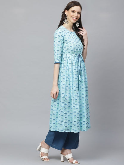 Women's A-Line Waist Tie-Up Blue Printed Kurta & Palazzo Set