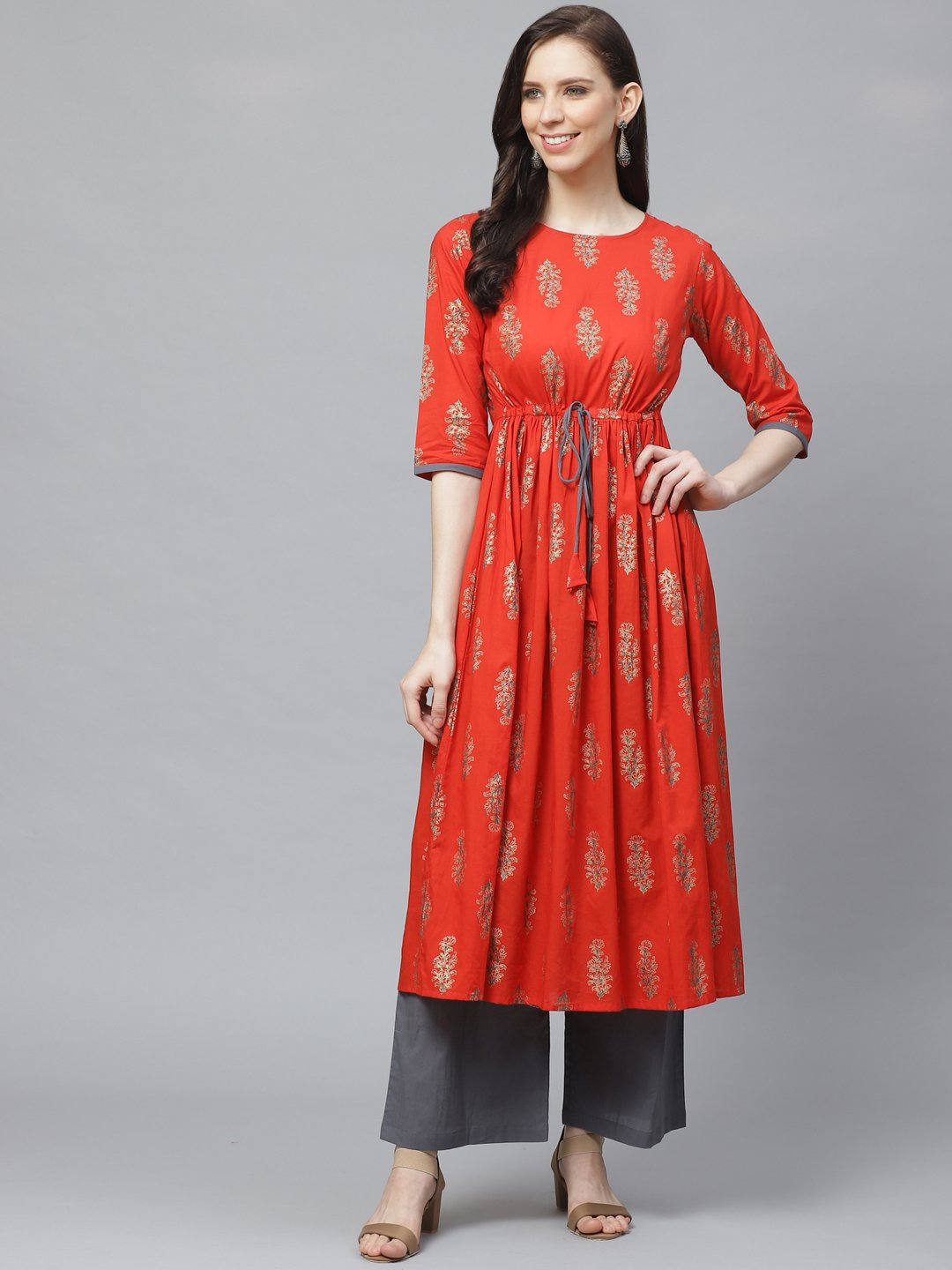 Women's A-Line Waist Tie-Up Red & Gold Printed Kurta & Palazzo Set