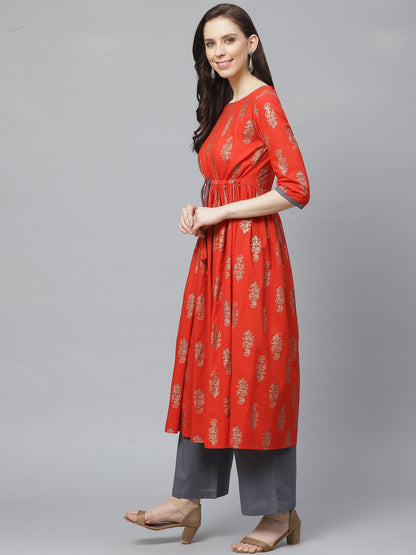 Women's A-Line Waist Tie-Up Red & Gold Printed Kurta & Palazzo Set