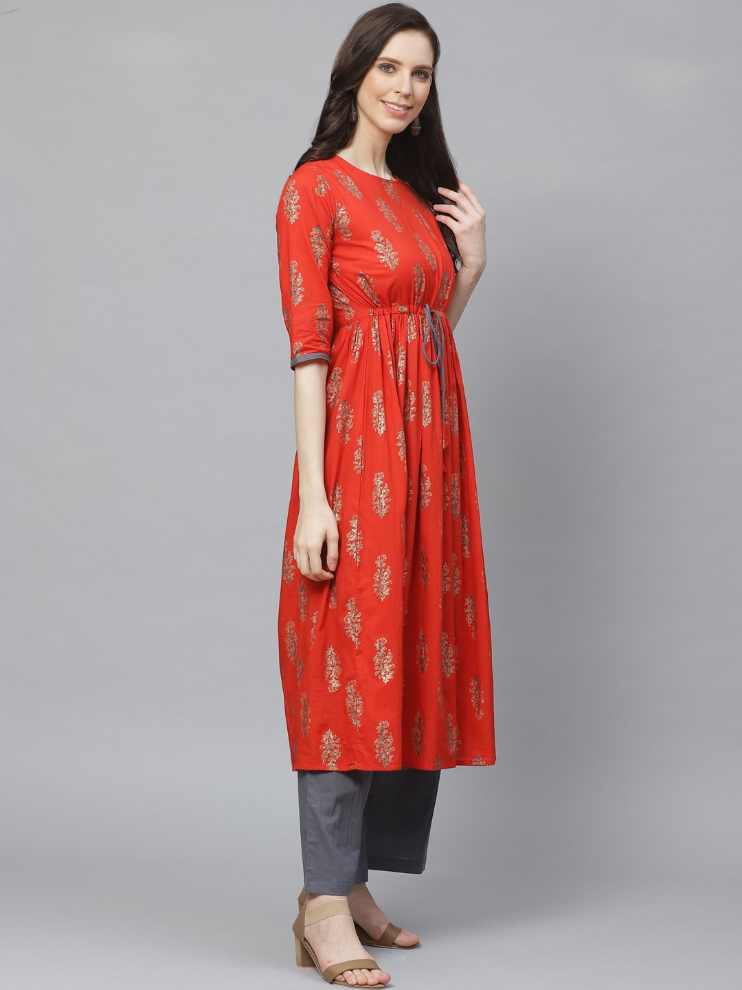 Women's A-Line Waist Tie-Up Red & Gold Printed Kurta & Palazzo Set